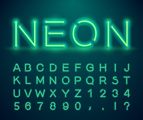 Set of letters in neon style. Vector font with light effect. Set of letters, numbers, text and font. Glow effect. Signboard Design.