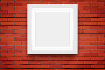 Red brick wall with modern square picture frame. Mockup white frame for image and advertising. Poster Closeup view. Vector Illustration.