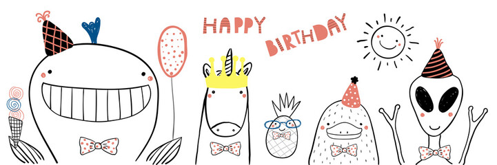 Hand drawn birthday card with cute funny whale, unicorn, pineapple, platypus, alien in party hats, lettering Happy birthday. Isolated objects. Line drawing. Vector illustration. Design concept kids