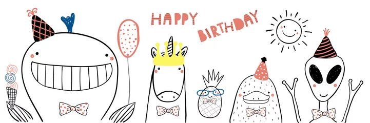 Gordijnen Hand getekende verjaardagskaart met leuke grappige walvis, eenhoorn, ananas, vogelbekdier, alien in feestmutsen, belettering Happy birthday. Geïsoleerde objecten. Lijntekening. Vector illustratie. Ontwerpconcept kinderen © Maria Skrigan