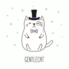 Hand drawn vector illustration of a kawaii funny gentleman cat in a top hat, bow tie, with monocle. Isolated objects on white background. Line drawing. Design concept for children print.