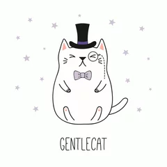 Foto op Aluminium Hand getekende vectorillustratie van een kawaii grappige gentleman kat in een hoge hoed, vlinderdas, met monocle. Geïsoleerde objecten op een witte achtergrond. Lijntekening. Ontwerpconcept voor kinderen afdrukken. © Maria Skrigan