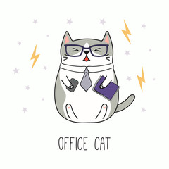 Hand drawn vector illustration of a kawaii funny office worker cat in a neck tie, glasses, holding smart phone, documents. Isolated objects on white background. Line drawing. Design concept kids print