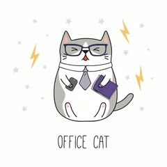 Foto op Aluminium Hand getekende vectorillustratie van een kawaii grappige kantoormedewerker kat in een stropdas, bril, met slimme telefoon, documenten. Geïsoleerde objecten op een witte achtergrond. Lijntekening. Ontwerpconcept kinderprint © Maria Skrigan