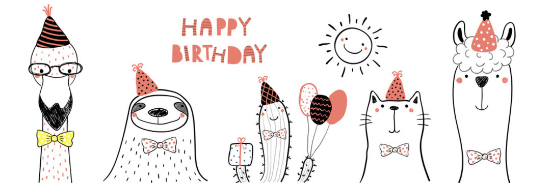 Hand drawn birthday card with cute funny flamingo, sloth, cactus, cat, llama in party hats, lettering quote Happy birthday. Isolated objects. Line drawing. Vector illustration. Design concept kids