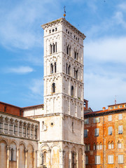 Obraz premium Bell tower of San Michele in Foro Basilica in Lucca, Tuscany, Italy.