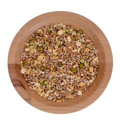 Assorted grains and pulses mix full background, top view. Winter food includes split peas, red and yellow lentils, pearl barley, kamut, spelt.