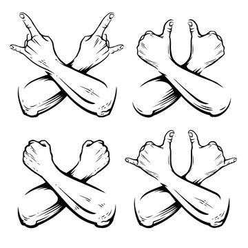 Crossed Hands Engraving Style Vector Set