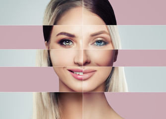 Beautiful faces of young woman. Plastic surgery concept. Happy blonde and brunette woman, collage of different faces.