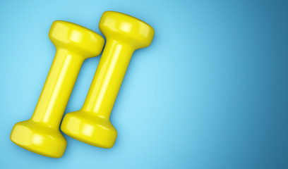 yellow dumbbells isolated on blue background