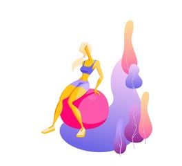 Girl is engaged in pilates, doing exercises with gymnastic ball Trendy flat vector