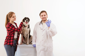 Beautiful girl petting her dog in vet office. Woman petting her pet with their vet doctor standing next to them showing OK sign.