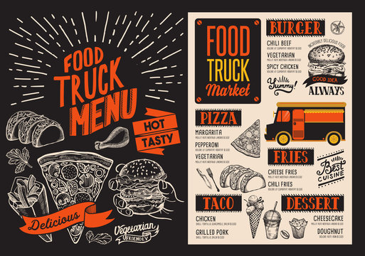 Menu for food truck street festival. Design template with hand-drawn graphic illustrations.