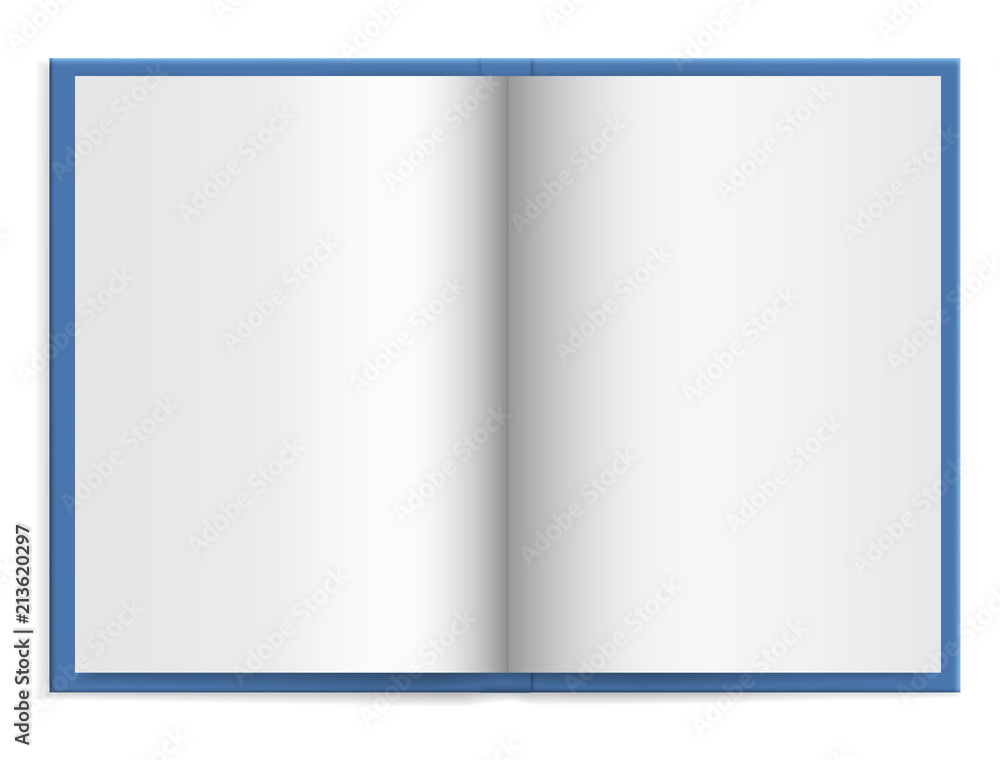 Poster open a blue book with empty paper in hardcover with space for text