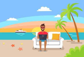 Fototapeta premium Freelancer Working on Laptop Sitting on Cosy Sofa