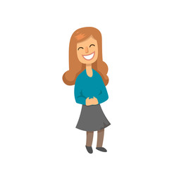 Funny laughing girl character with long ginger hair. Schoolgirl with wide smile on her face. Flat vector illustration. Isolated on white background.
