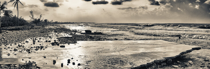 Panoramic black and white view of guanabo beach after irma hurricane