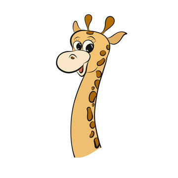 Funny smiling spotted little giraffe with a long neck