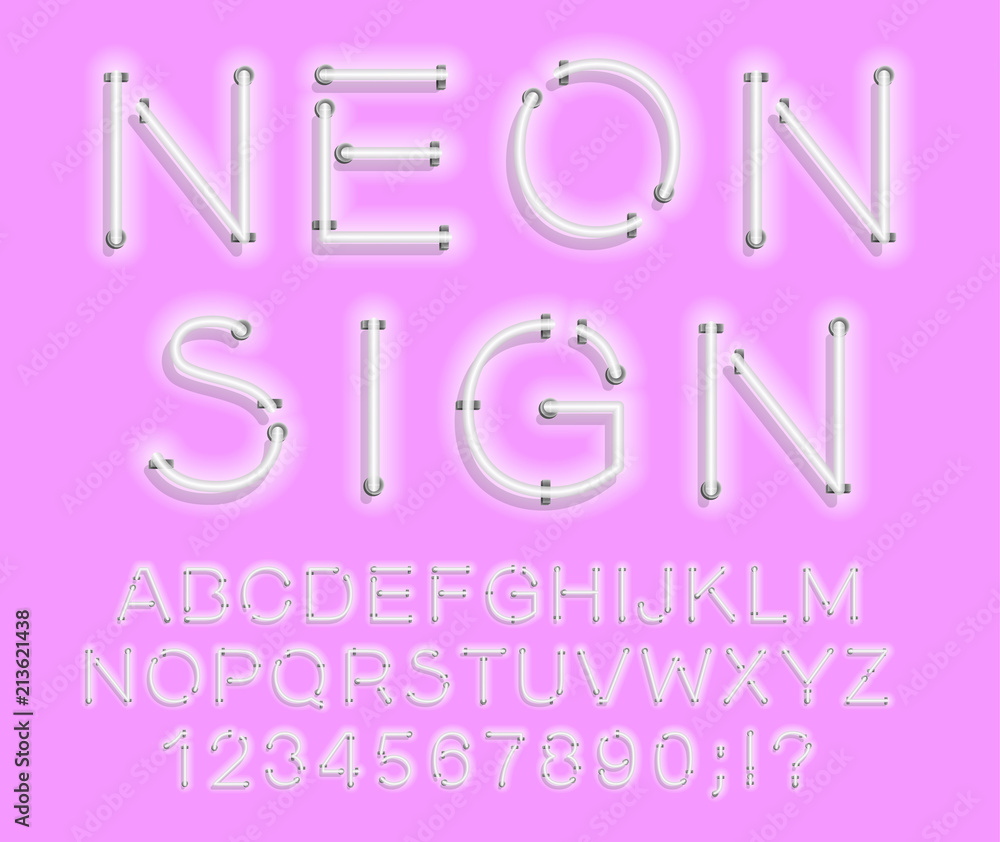 Poster set of letters in neon style. vector font with light effect. set of letters, numbers, text and font.