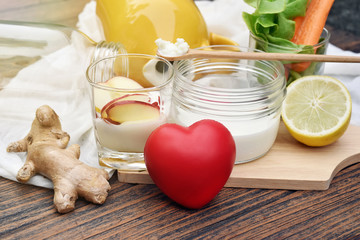 Heart and Healthy food, Kefir milk, yogurt, fresh fruit and organic vegetable, Probiotic nutrition...
