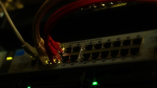 Working LAN switch close up with blinking LED lights. 10/100/1000 Mbps. 