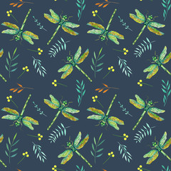 Seamless pattern with watercolor green dragonflies and branches, hand painted on a deep blue background