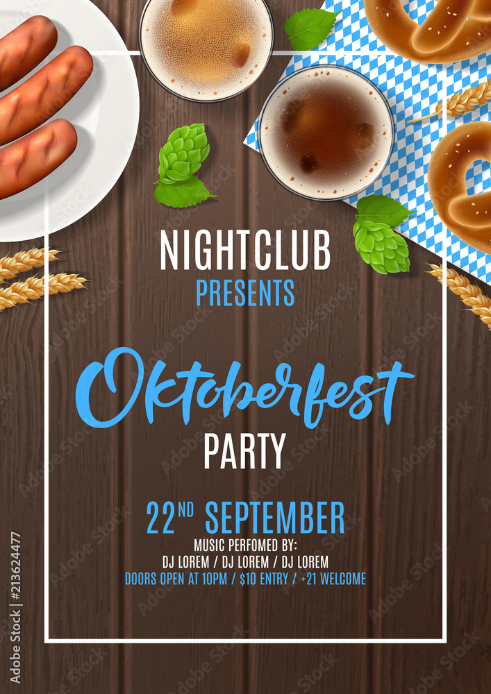 Wall mural Oktoberfest party poster invite. Vector illustration with beer, sausages and traditional textile on wooden texture. Invitation to nightclub.