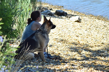 girl and german shepherd dog
