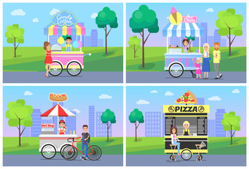 Naklejka premium Cheerful Clients Near Street Food Shops in Park