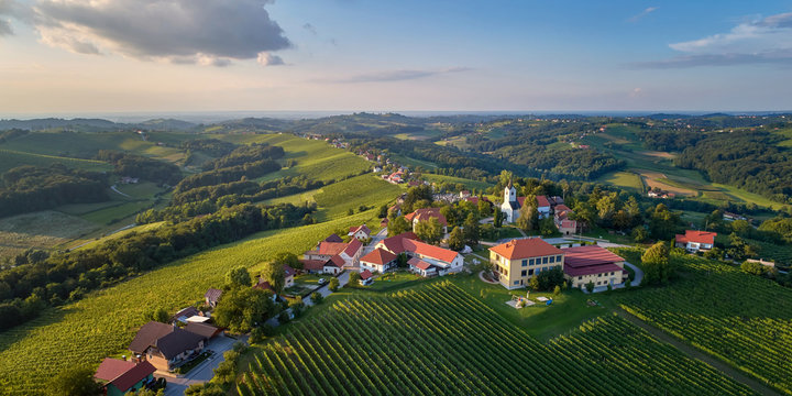 Kog panorama - village in the hills northeast of Ormož in northeastern Slovenia. The parish church in the village is dedicated to Saint Wolfgang