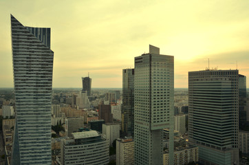 Obraz premium View from above and urban skyline at sunset in Warsaw , Poland.