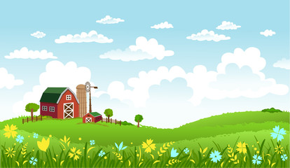 Vector illustration of beautiful landscape with farm. © azzzya
