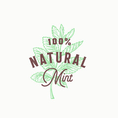 Natural Mint Abstract Vector Sign, Symbol or Logo Template. Hand Drawn Mint Branch Leaves with Premium Vintage Typography. Stylish Vintage Vector Emblem Concept.