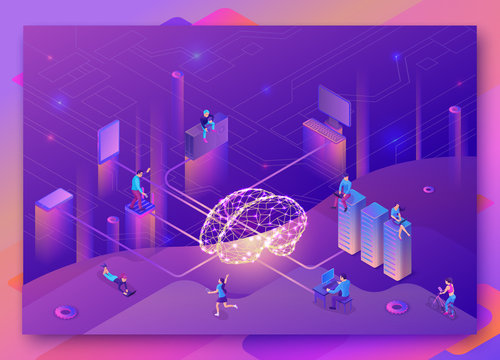 Artificial intelligence concept with electric brain, people, neural network, isometric 3d illustration with smartphone, laptop, mobile gadget, modern data storage banner, landing page background