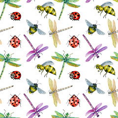 Seamless pattern with watercolor colorful dragonflies, bees and ladybugs hand painted on a white background