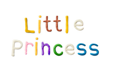 Handmade modeling clay words little queen, princess, mermaid. Realistic 3d vector lettering isolated on white background. Children cartoon style.