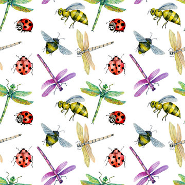 Seamless pattern with watercolor colorful dragonflies, bees and ladybugs hand painted on a white background