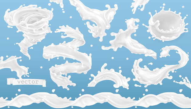 Milk splash. 3d realistic vector icon set