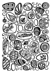 Collection of Decorative Sea Pebbles with Ornaments. Detailed Pebble-stones Set, Beetles, Flowers, Acorn, Mushroom, Dragonfly. Boho Style Mosaic Pattern, Ethnic Motifs. Vector Contour Illustration