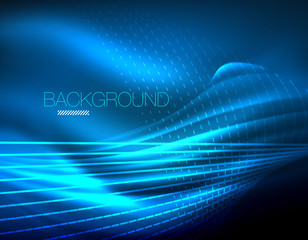 Smooth light effect, straight lines on glowing shiny neon dark background. Energy technology idea