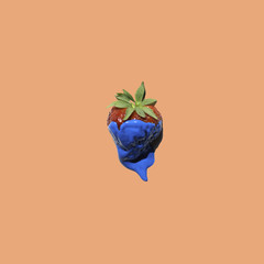 a lonely strawberry painted in blue on minimal pop background, graphic contemporary style © aledesun
