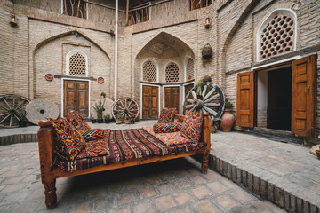 Courtyard of a medieval caravanserai in Bukhara, Uzbekistan. Central Asia