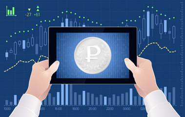 Forex Trading Via Mobile App - Ruble Currency. Graphic illustration on the subject of 'Foreign Exchange Market'.