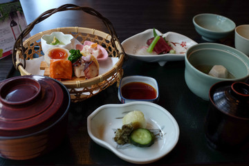 Japanese food served in a restaurant in Kobe, Japan