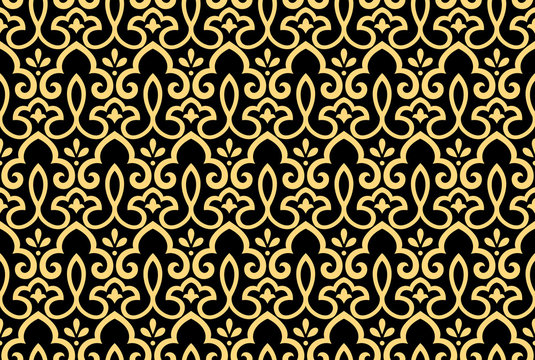 Wallpaper in the style of Baroque. Seamless vector background. Gold and black floral ornament. Graphic pattern for fabric, wallpaper, packaging. Ornate Damask flower ornament