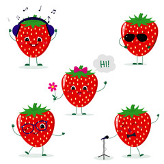 A set of five Strawberry Smiley in different poses in a cartoon style.