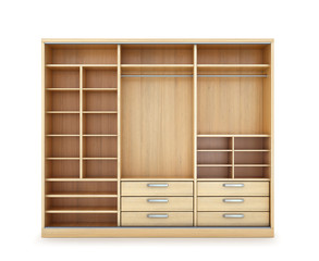 Empty open wooden wardrobe. 3d illustration