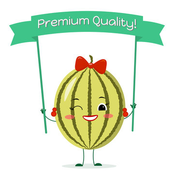 Cute watermelon cartoon character with a yellow bow and earrings. Smiles and holds a premium quality poster. Vector illustration, a flat style.