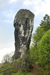 Maczuga Herkulesa monadnock near Pieskowa Skala (Little Dog's Rock) castle at Ojcow National Park. Poland - obrazy, fototapety, plakaty