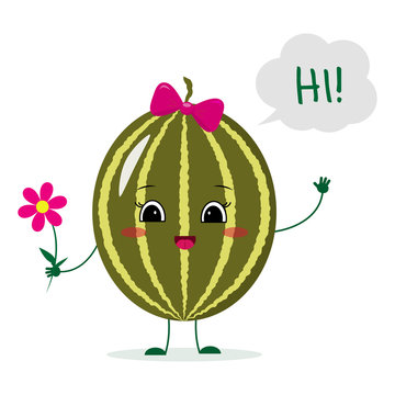 Cute watermelon cartoon character with a pink bow holding a flower and welcomes.Vector illustration, a flat style.